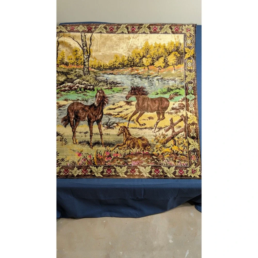 Italian Vintage Velvet Horse Tapestry 4x6 Wild Horses Nature Scene Wall Hanging